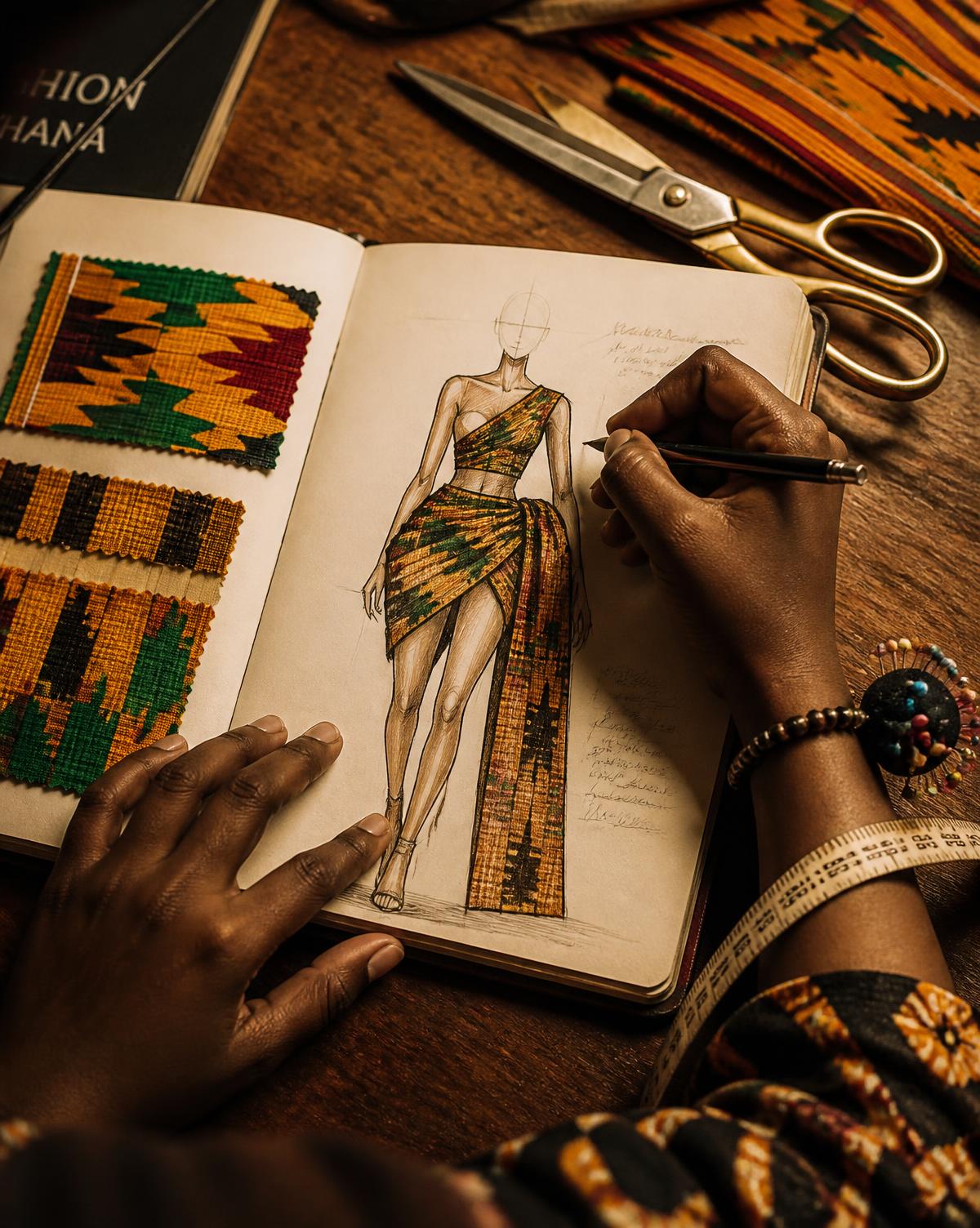 Fashion student sketching a design beside kente fabric swatches