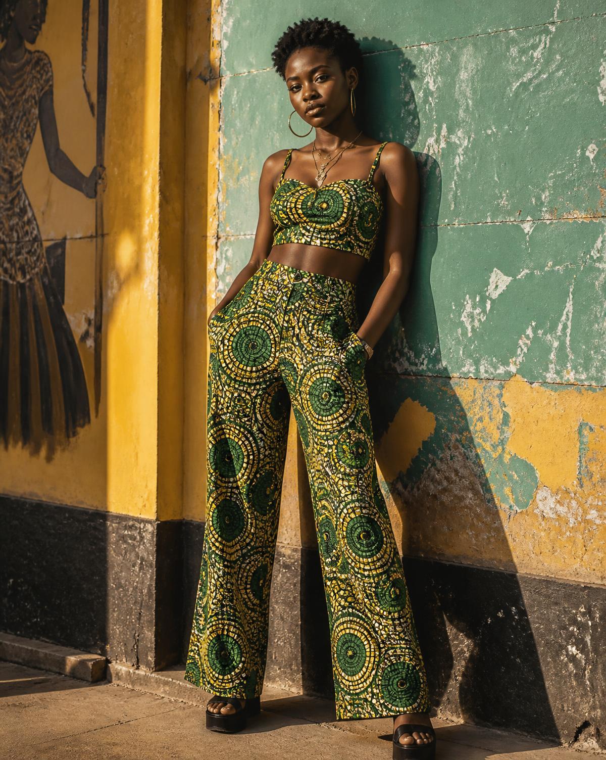 Student in green and gold print two-piece in Accra